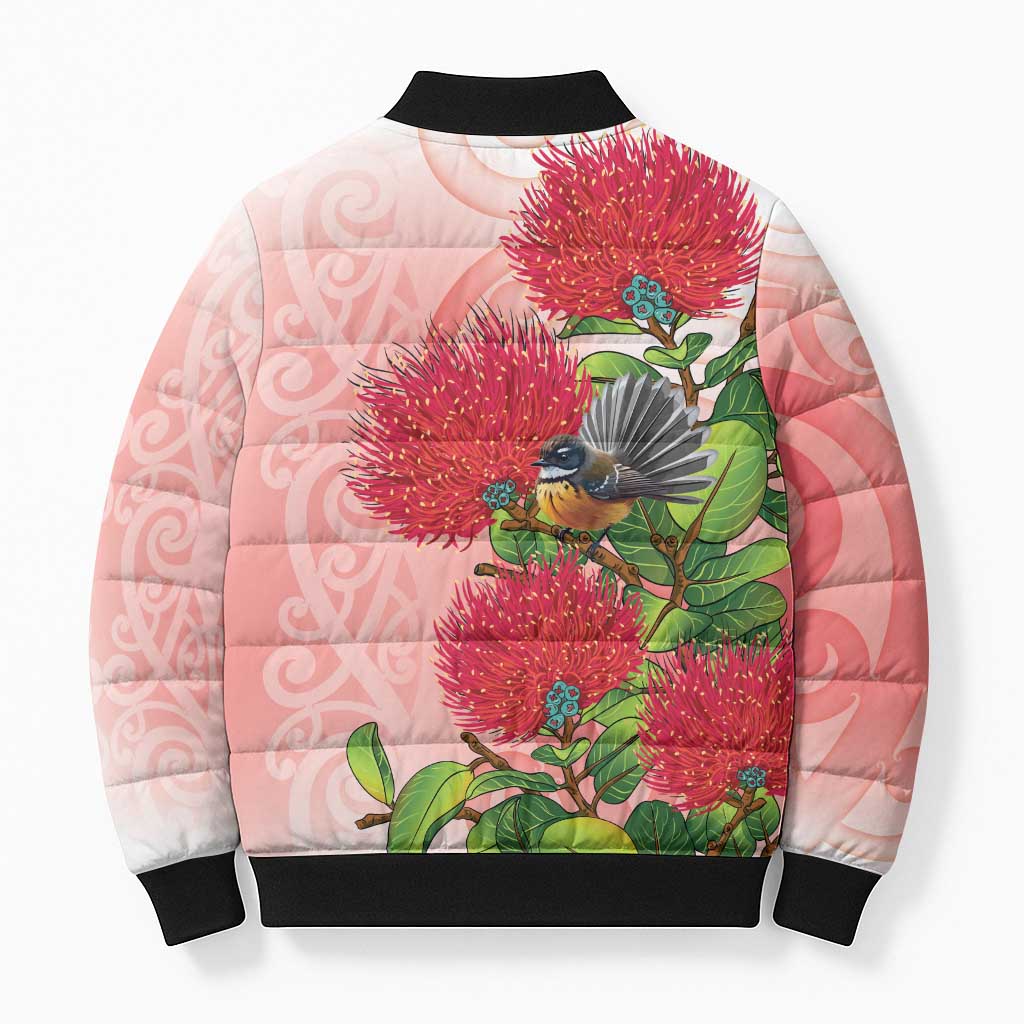 New Zealand Fantail Bomber Puffer Jacket Maori Koru With Pohutukawa Flowers - Polynesian Pride