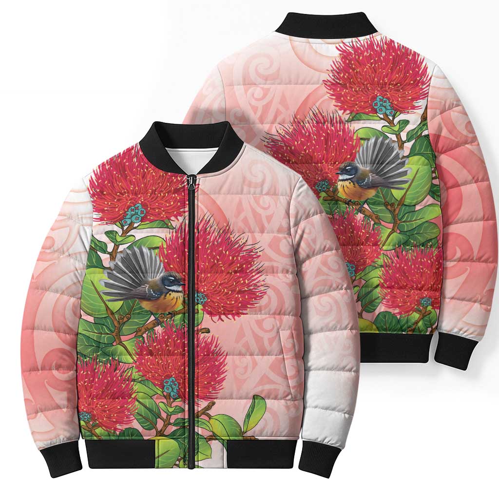 New Zealand Fantail Bomber Puffer Jacket Maori Koru With Pohutukawa Flowers - Polynesian Pride