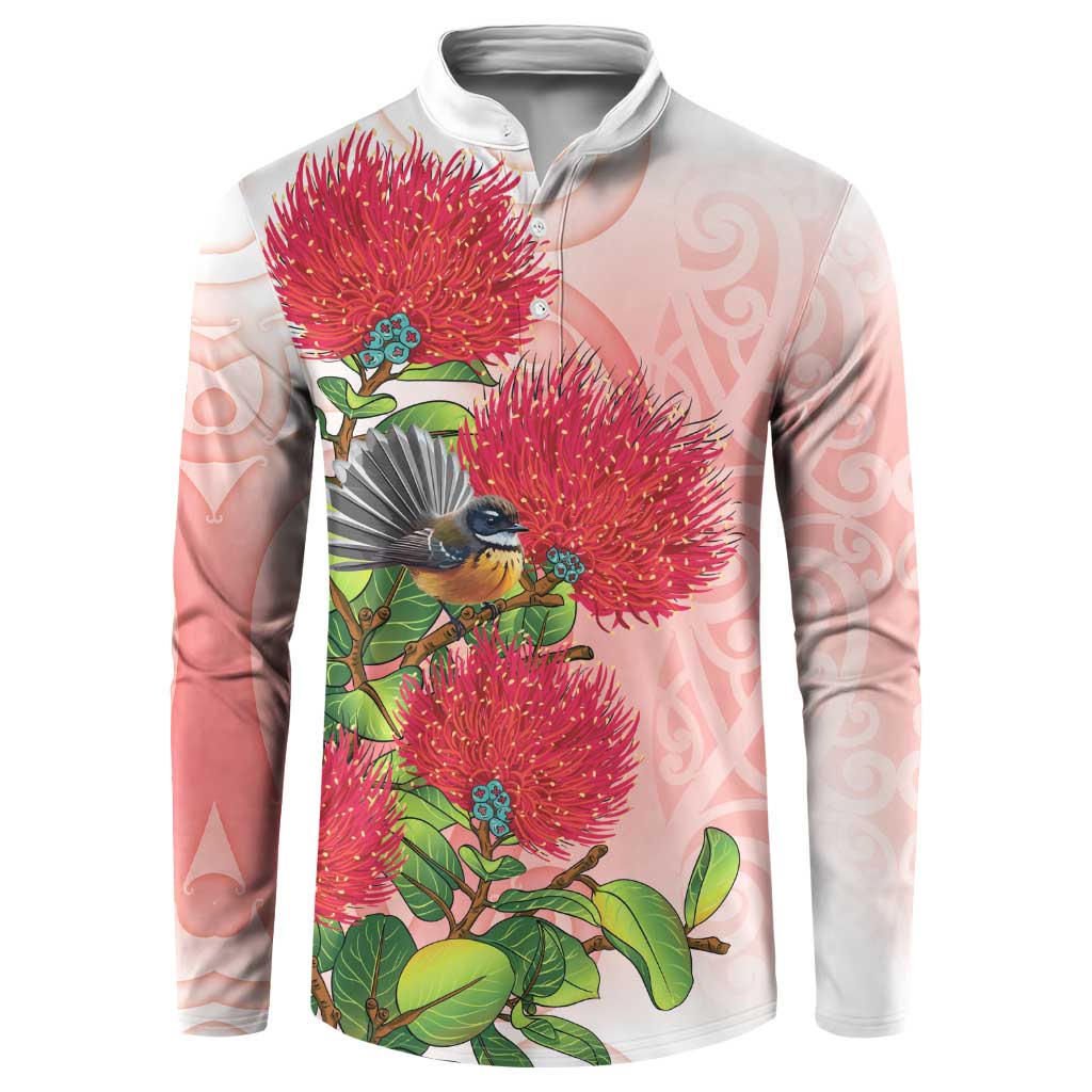 New Zealand Fantail Button Sweatshirt Maori Koru With Pohutukawa Flowers - Polynesian Pride