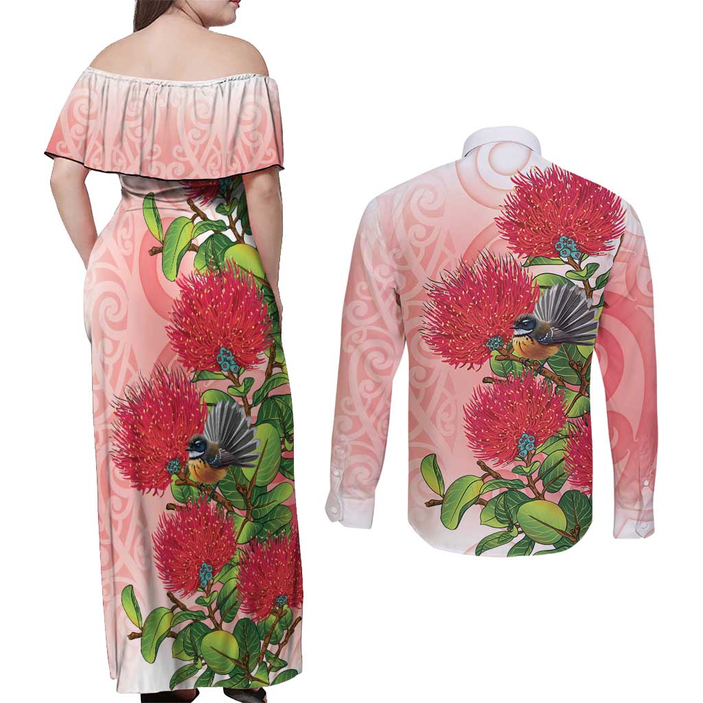 New Zealand Fantail Couples Matching Off Shoulder Maxi Dress and Long Sleeve Button Shirt Maori Koru With Pohutukawa Flowers LT05 - Polynesian Pride