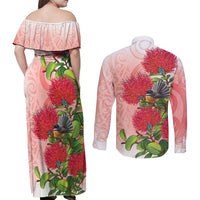 New Zealand Fantail Couples Matching Off Shoulder Maxi Dress and Long Sleeve Button Shirt Maori Koru With Pohutukawa Flowers LT05 - Polynesian Pride