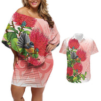 New Zealand Fantail Couples Matching Off Shoulder Short Dress and Hawaiian Shirt Maori Koru With Pohutukawa Flowers LT05 Red - Polynesian Pride
