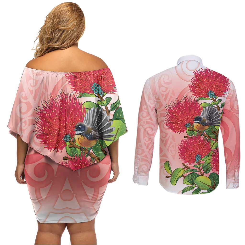 New Zealand Fantail Couples Matching Off Shoulder Short Dress and Long Sleeve Button Shirt Maori Koru With Pohutukawa Flowers LT05 - Polynesian Pride