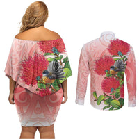New Zealand Fantail Couples Matching Off Shoulder Short Dress and Long Sleeve Button Shirt Maori Koru With Pohutukawa Flowers LT05 - Polynesian Pride