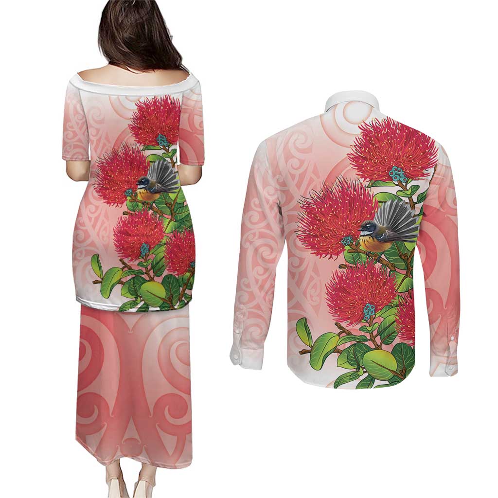 New Zealand Fantail Couples Matching Puletasi and Long Sleeve Button Shirt Maori Koru With Pohutukawa Flowers LT05 - Polynesian Pride