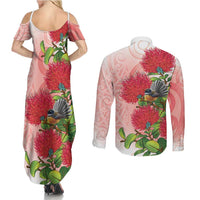 New Zealand Fantail Couples Matching Summer Maxi Dress and Long Sleeve Button Shirt Maori Koru With Pohutukawa Flowers LT05 - Polynesian Pride