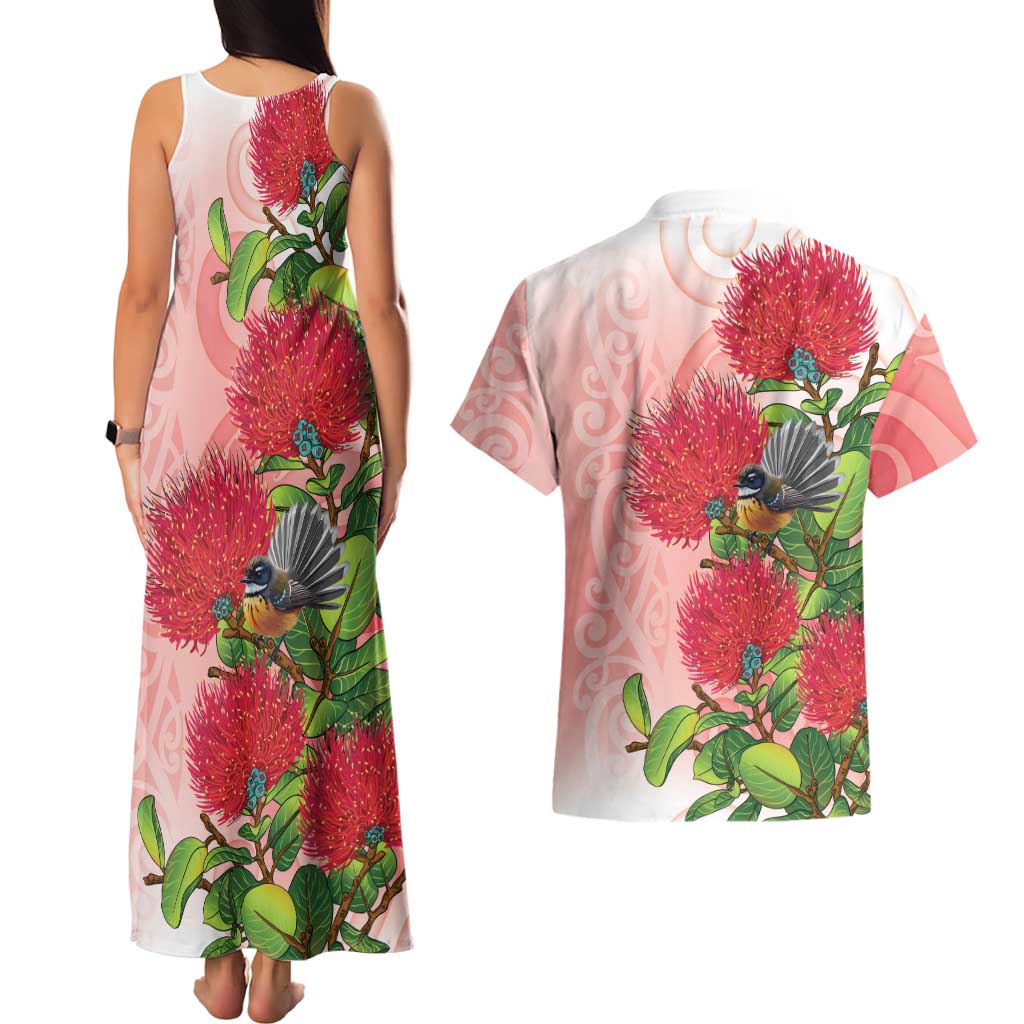 New Zealand Fantail Couples Matching Tank Maxi Dress and Hawaiian Shirt Maori Koru With Pohutukawa Flowers LT05 - Polynesian Pride
