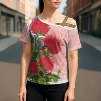 New Zealand Fantail Cross Shoulder Shirt Maori Koru With Pohutukawa Flowers LT05 - Polynesian Pride