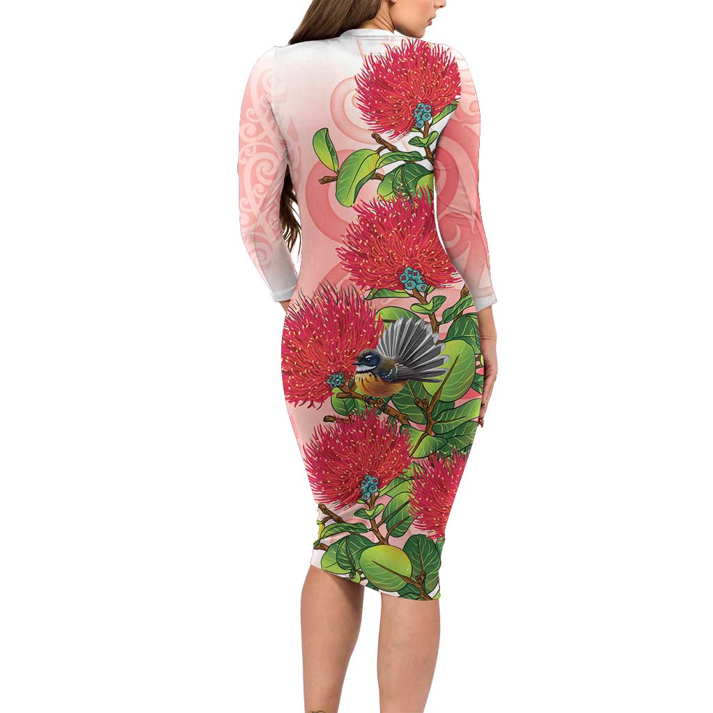 New Zealand Fantail Family Matching Long Sleeve Bodycon Dress and Hawaiian Shirt Maori Koru With Pohutukawa Flowers LT05 - Polynesian Pride