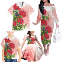 New Zealand Fantail Family Matching Off The Shoulder Long Sleeve Dress and Hawaiian Shirt Maori Koru With Pohutukawa Flowers LT05 - Polynesian Pride