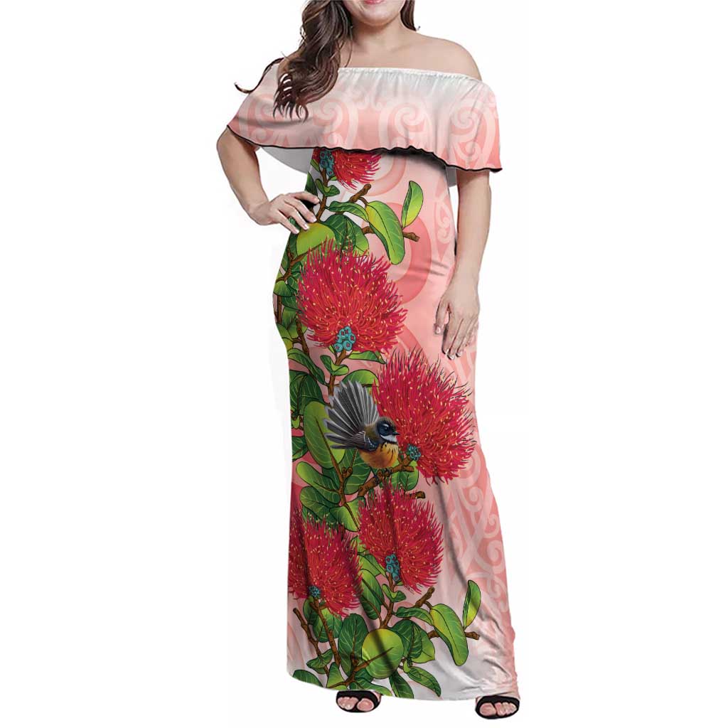 New Zealand Fantail Family Matching Off Shoulder Maxi Dress and Hawaiian Shirt Maori Koru With Pohutukawa Flowers LT05 Mom's Dress Red - Polynesian Pride