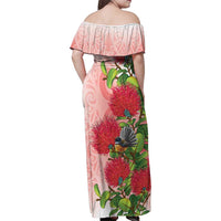 New Zealand Fantail Family Matching Off Shoulder Maxi Dress and Hawaiian Shirt Maori Koru With Pohutukawa Flowers LT05 - Polynesian Pride