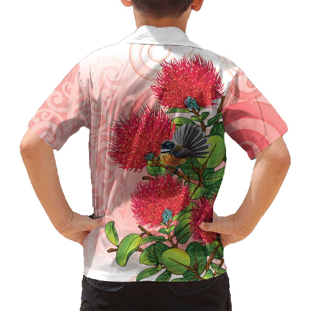 New Zealand Fantail Family Matching Off Shoulder Short Dress and Hawaiian Shirt Maori Koru With Pohutukawa Flowers LT05 - Polynesian Pride