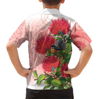 New Zealand Fantail Family Matching Off Shoulder Short Dress and Hawaiian Shirt Maori Koru With Pohutukawa Flowers LT05 - Polynesian Pride