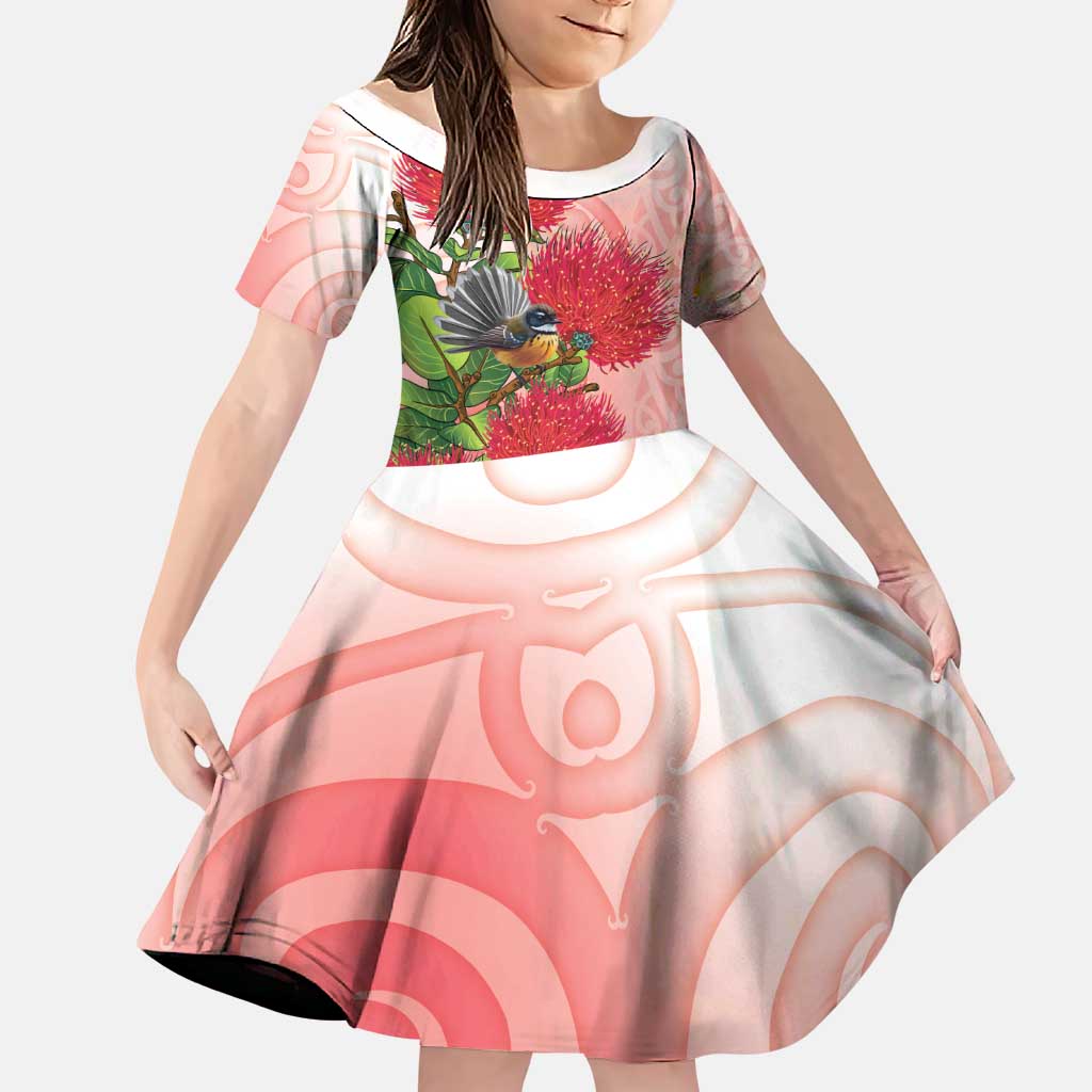 New Zealand Fantail Family Matching Off Shoulder Short Dress and Hawaiian Shirt Maori Koru With Pohutukawa Flowers LT05 Daughter's Dress Red - Polynesian Pride
