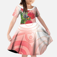 New Zealand Fantail Family Matching Off Shoulder Short Dress and Hawaiian Shirt Maori Koru With Pohutukawa Flowers LT05 Daughter's Dress Red - Polynesian Pride