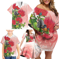 New Zealand Fantail Family Matching Off Shoulder Short Dress and Hawaiian Shirt Maori Koru With Pohutukawa Flowers LT05 - Polynesian Pride