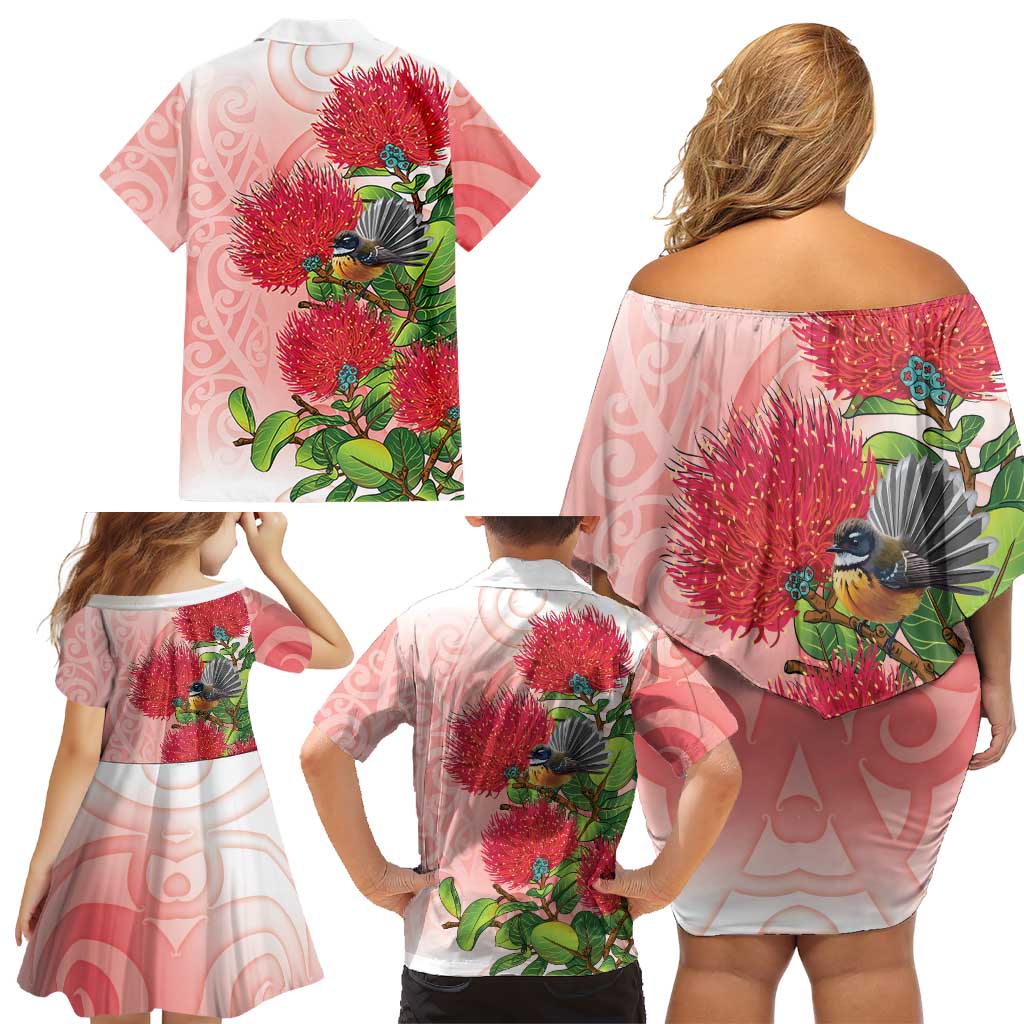 New Zealand Fantail Family Matching Off Shoulder Short Dress and Hawaiian Shirt Maori Koru With Pohutukawa Flowers LT05 - Polynesian Pride