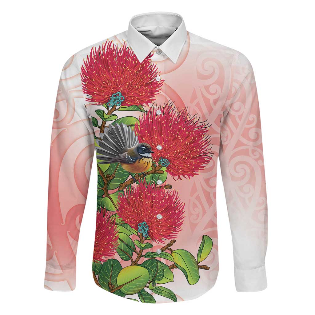 New Zealand Fantail Family Matching Off Shoulder Short Dress and Hawaiian Shirt Maori Koru With Pohutukawa Flowers LT05 Dad's Shirt - Long Sleeve Red - Polynesian Pride