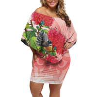 New Zealand Fantail Family Matching Off Shoulder Short Dress and Hawaiian Shirt Maori Koru With Pohutukawa Flowers LT05 Mom's Dress Red - Polynesian Pride