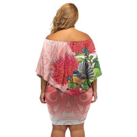 New Zealand Fantail Family Matching Off Shoulder Short Dress and Hawaiian Shirt Maori Koru With Pohutukawa Flowers LT05 - Polynesian Pride