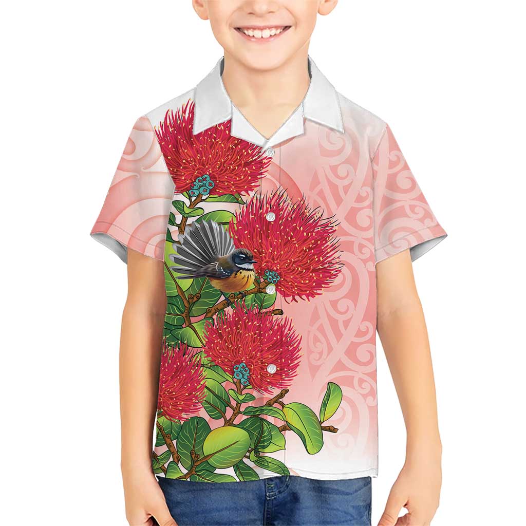 New Zealand Fantail Family Matching Off Shoulder Short Dress and Hawaiian Shirt Maori Koru With Pohutukawa Flowers LT05 Son's Shirt Red - Polynesian Pride
