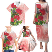 New Zealand Fantail Family Matching Puletasi and Hawaiian Shirt Maori Koru With Pohutukawa Flowers LT05 - Polynesian Pride