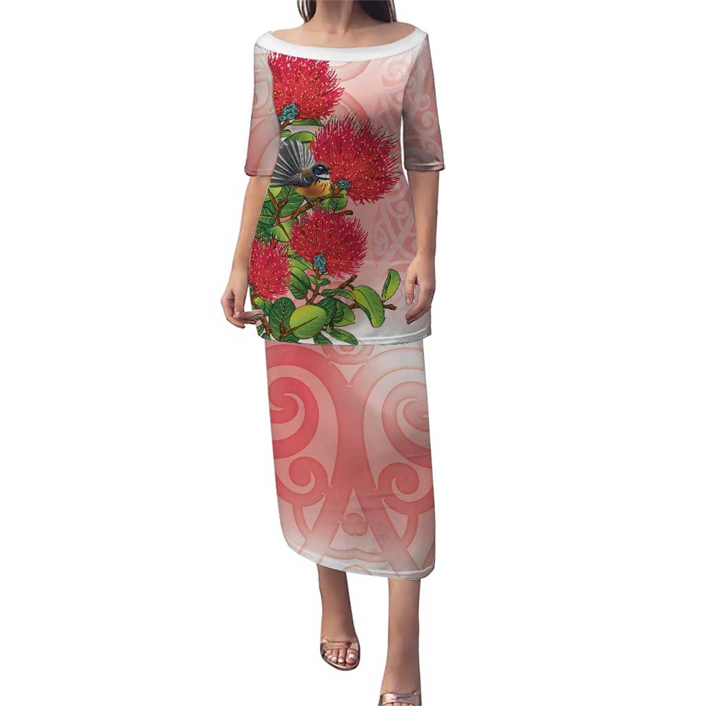 New Zealand Fantail Family Matching Puletasi and Hawaiian Shirt Maori Koru With Pohutukawa Flowers LT05 Mom's Dress Red - Polynesian Pride