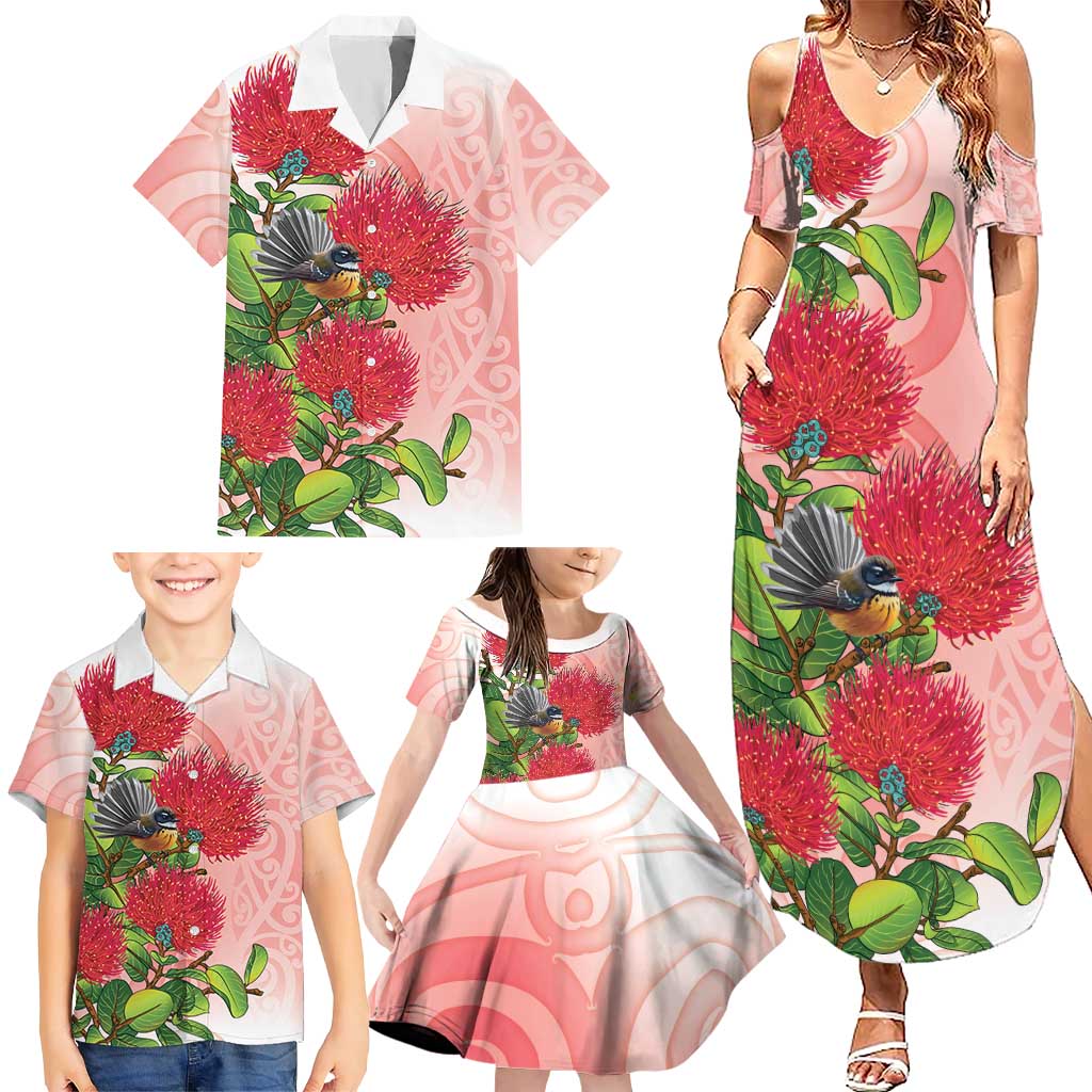 New Zealand Fantail Family Matching Summer Maxi Dress and Hawaiian Shirt Maori Koru With Pohutukawa Flowers LT05 - Polynesian Pride