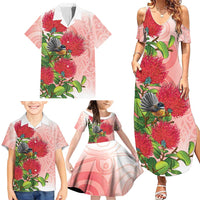 New Zealand Fantail Family Matching Summer Maxi Dress and Hawaiian Shirt Maori Koru With Pohutukawa Flowers LT05 - Polynesian Pride