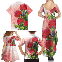 New Zealand Fantail Family Matching Summer Maxi Dress and Hawaiian Shirt Maori Koru With Pohutukawa Flowers LT05 - Polynesian Pride