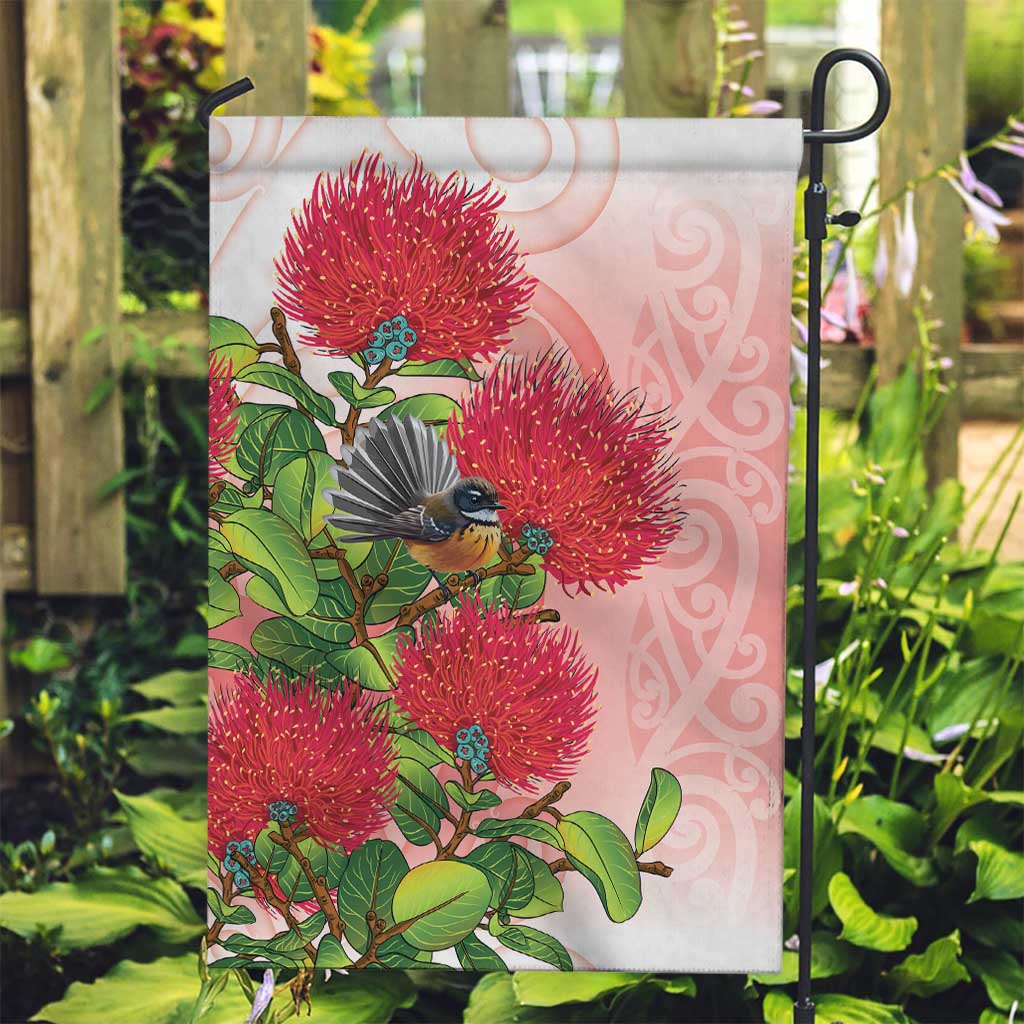 New Zealand Fantail Garden Flag Maori Koru With Pohutukawa Flowers LT05 Garden Flag Red - Polynesian Pride