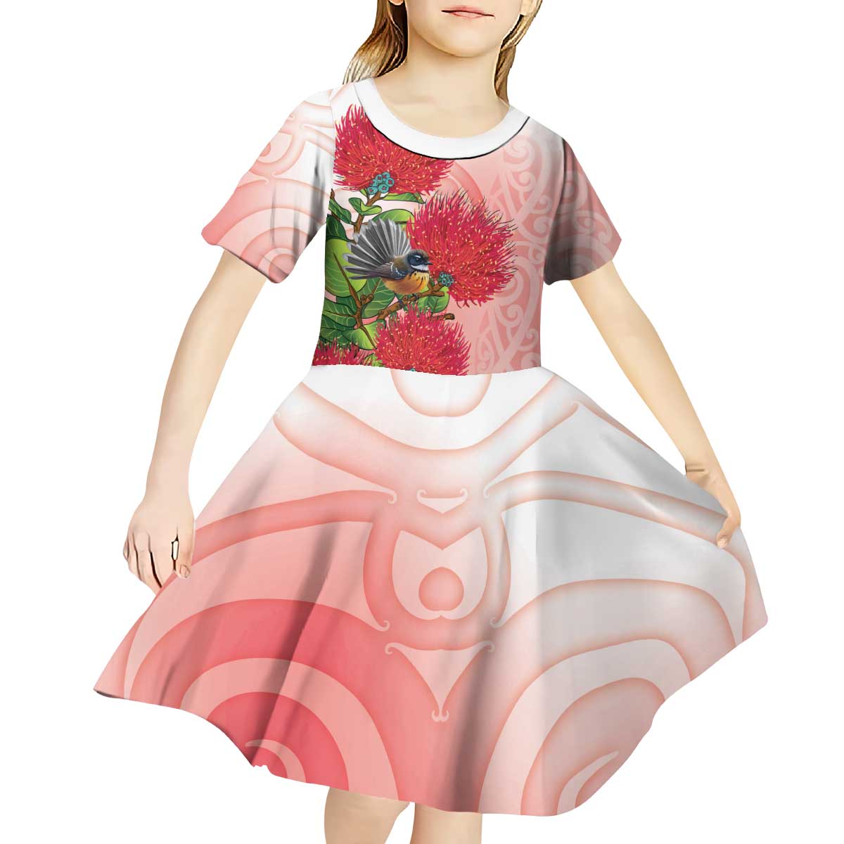 New Zealand Fantail Kid Short Sleeve Dress Maori Koru With Pohutukawa Flowers LT05 - Polynesian Pride