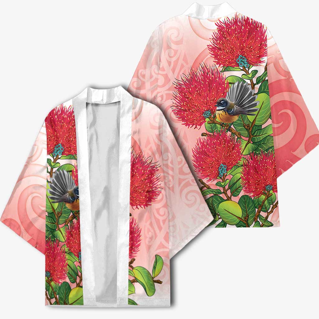 New Zealand Fantail Kimono Maori Koru With Pohutukawa Flowers LT05 - Polynesian Pride