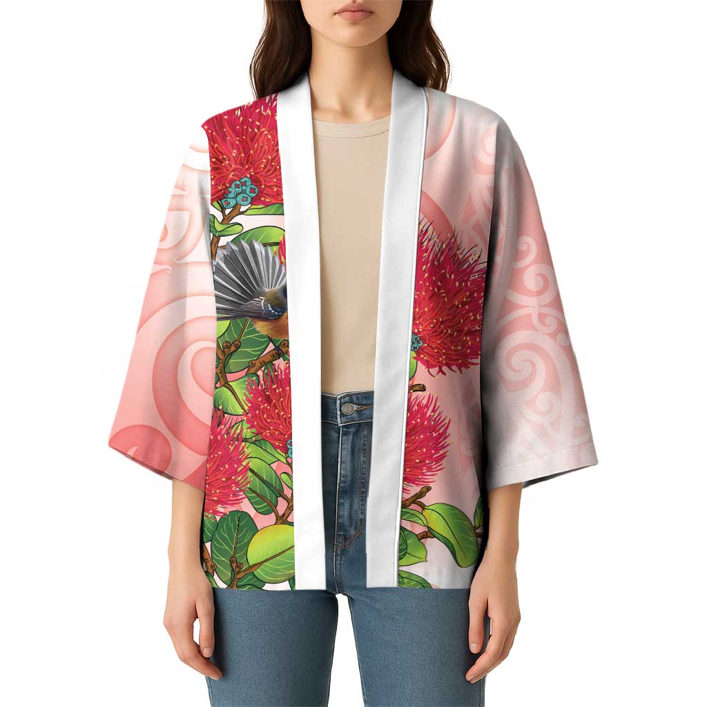 New Zealand Fantail Kimono Maori Koru With Pohutukawa Flowers LT05 - Polynesian Pride