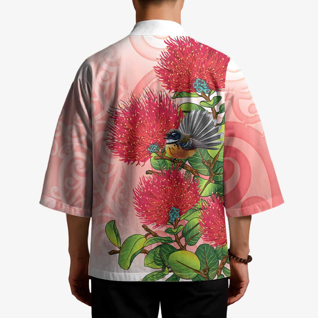 New Zealand Fantail Kimono Maori Koru With Pohutukawa Flowers LT05 - Polynesian Pride