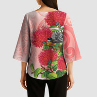 New Zealand Fantail Kimono Sleeve Blouse Maori Koru With Pohutukawa Flowers LT05 - Polynesian Pride