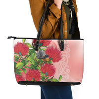 New Zealand Fantail Leather Tote Bag Maori Koru With Pohutukawa Flowers LT05 - Polynesian Pride