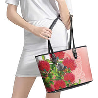 New Zealand Fantail Leather Tote Bag Maori Koru With Pohutukawa Flowers LT05 - Polynesian Pride