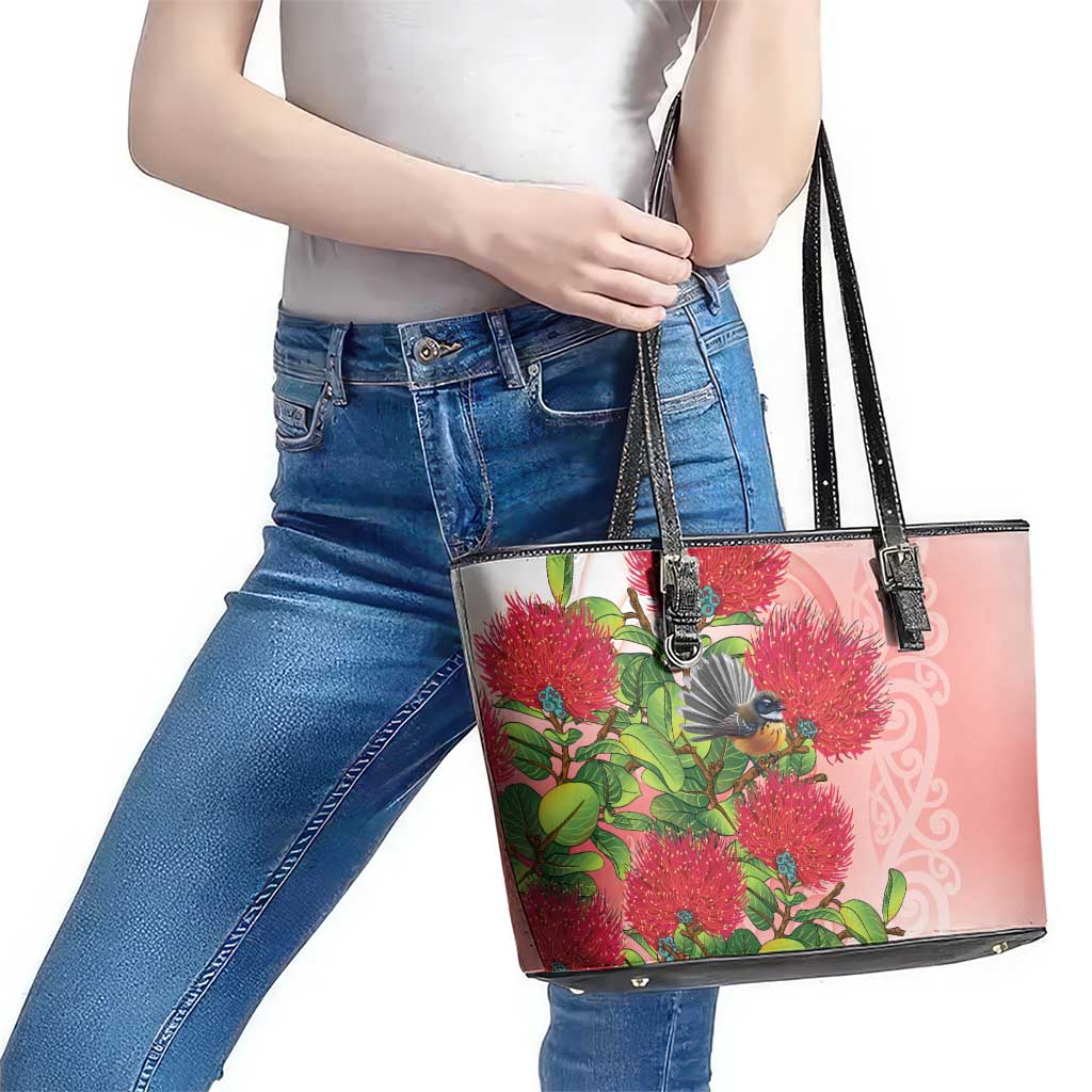 New Zealand Fantail Leather Tote Bag Maori Koru With Pohutukawa Flowers LT05 - Polynesian Pride