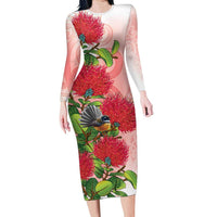 New Zealand Fantail Long Sleeve Bodycon Dress Maori Koru With Pohutukawa Flowers LT05 Long Dress Red - Polynesian Pride