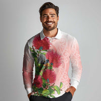 New Zealand Fantail Long Sleeve Polo Shirt Maori Koru With Pohutukawa Flowers LT05 - Polynesian Pride