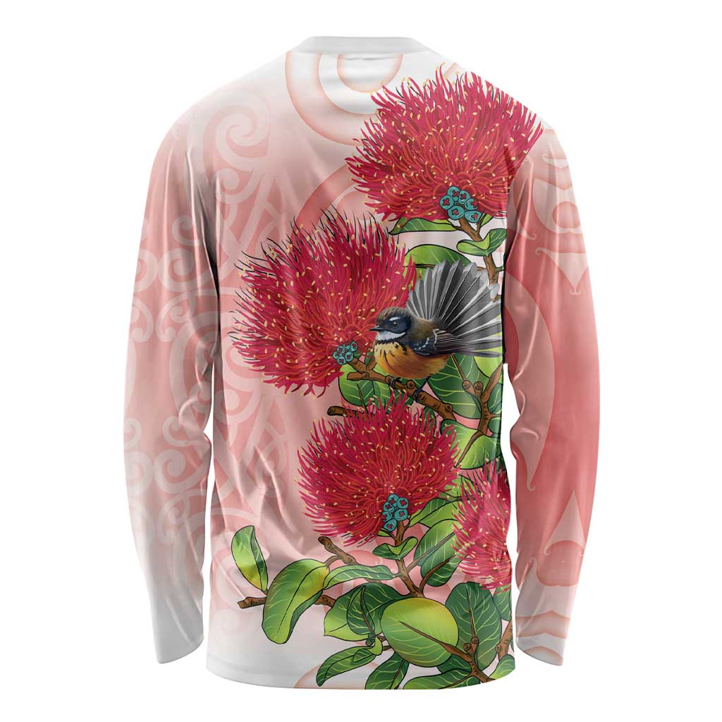 New Zealand Fantail Long Sleeve Shirt Maori Koru With Pohutukawa Flowers LT05 - Polynesian Pride