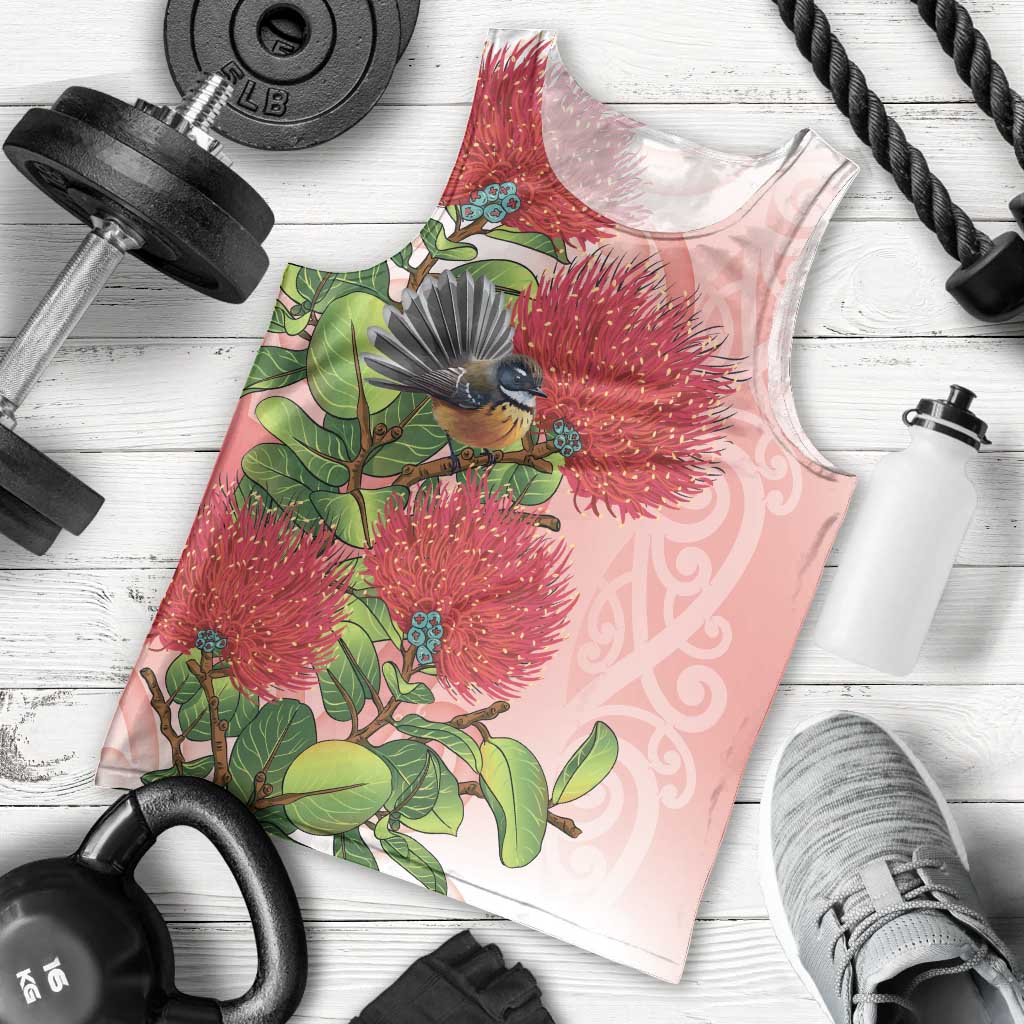 New Zealand Fantail Men Tank Top Maori Koru With Pohutukawa Flowers LT05 - Polynesian Pride