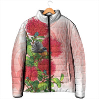 New Zealand Fantail Padded Jacket Maori Koru With Pohutukawa Flowers - Polynesian Pride