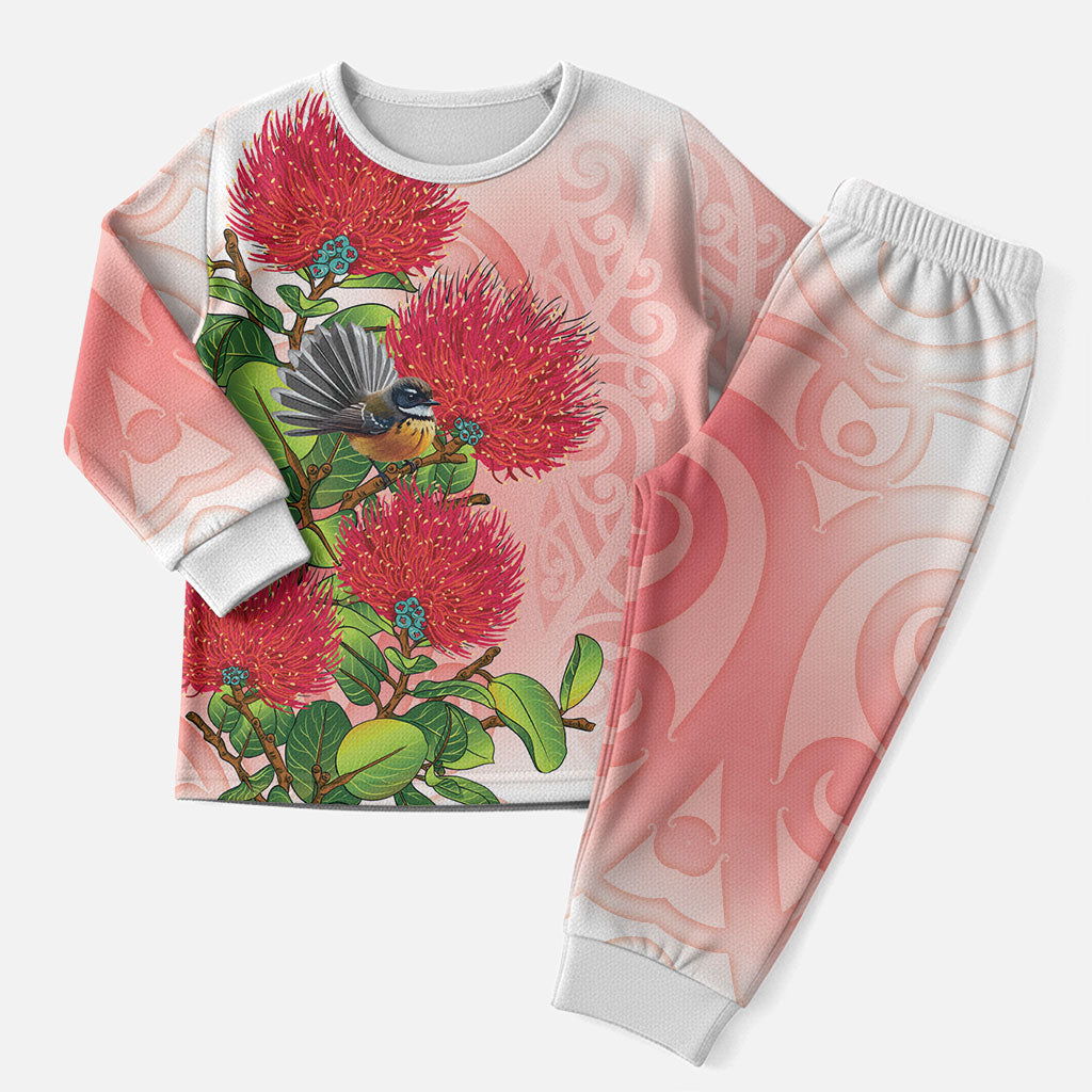 New Zealand Fantail Christmas Pajama Set Maori Koru With Pohutukawa Flowers LT05 Men Red - Polynesian Pride