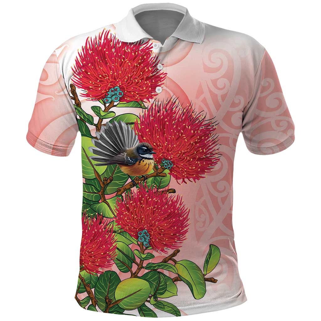 New Zealand Fantail Polo Shirt Maori Koru With Pohutukawa Flowers LT05 Red - Polynesian Pride