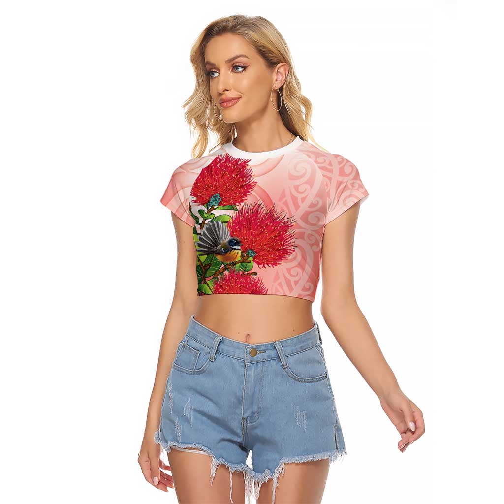 New Zealand Fantail Raglan Cropped T Shirt Maori Koru With Pohutukawa Flowers LT05 Female Red - Polynesian Pride