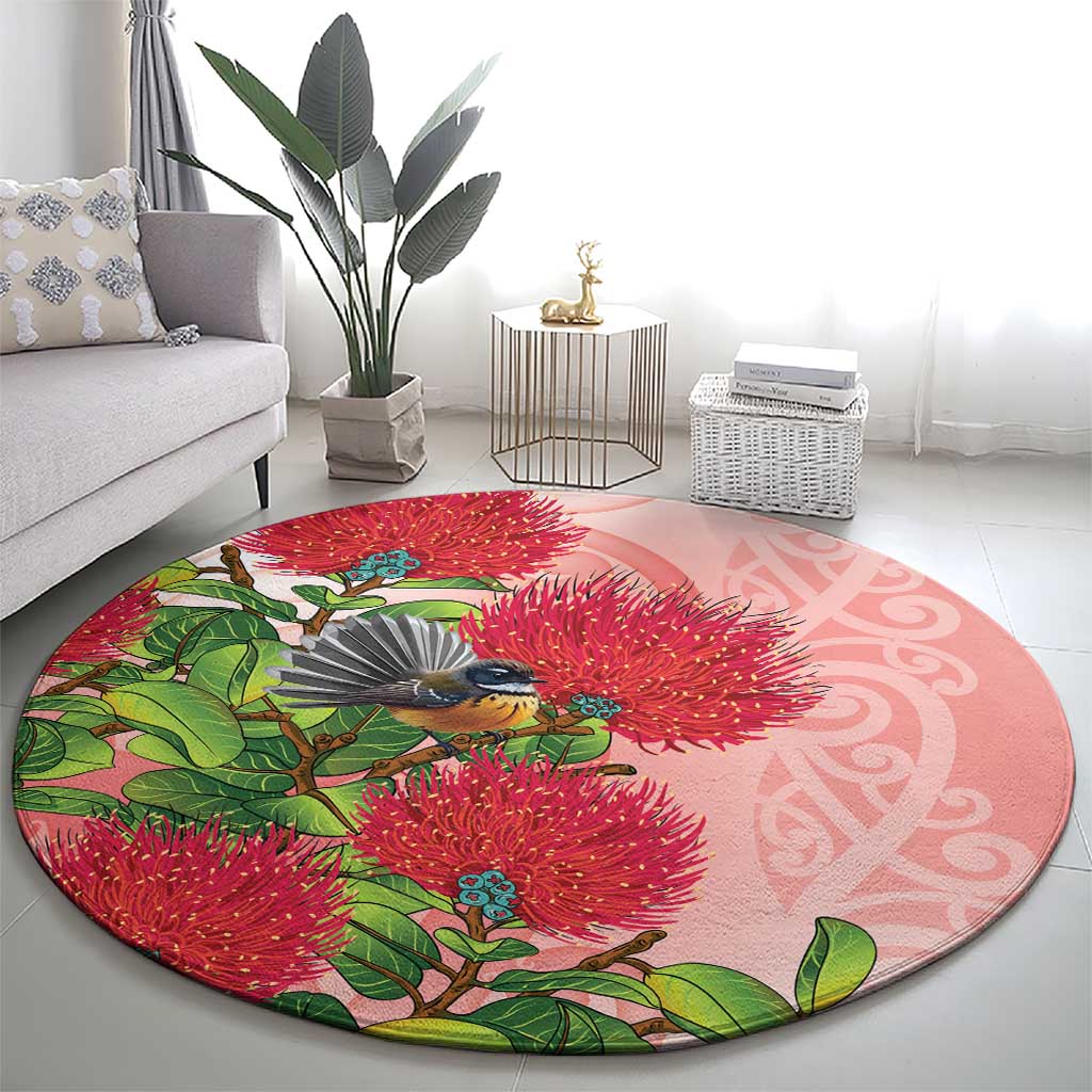 New Zealand Fantail Round Carpet Maori Koru With Pohutukawa Flowers - Polynesian Pride