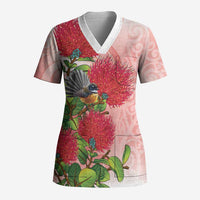 New Zealand Fantail Scrub Top Maori Koru With Pohutukawa Flowers - Polynesian Pride
